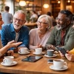 groupe-discussion-cafe-appareils-modernes