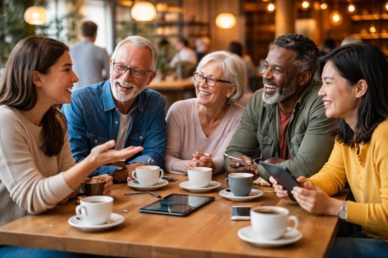 groupe-discussion-cafe-appareils-modernes