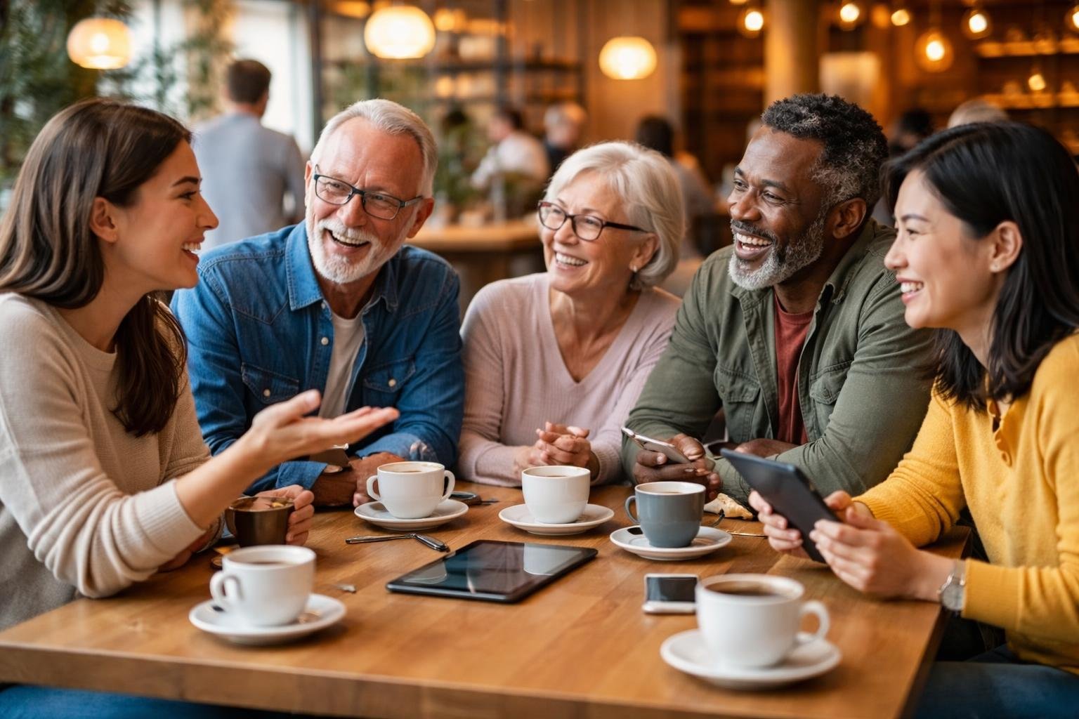 groupe-discussion-cafe-appareils-modernes
