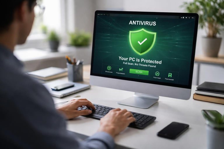 bureau-moderne-ordinateur-antivirus-personne-floue