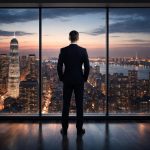homme-affaires-baie-vitree-ville-crepuscule