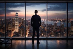 homme-affaires-baie-vitree-ville-crepuscule