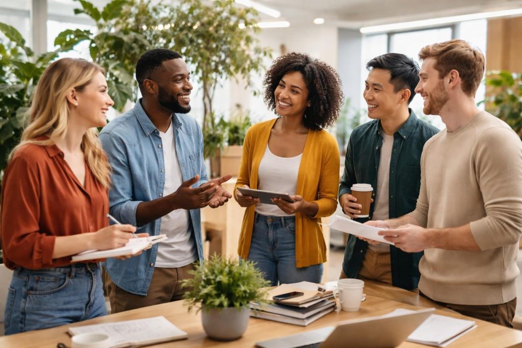 collegues-discussion-bureau-moderne-plantes