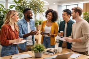 collegues-discussion-bureau-moderne-plantes