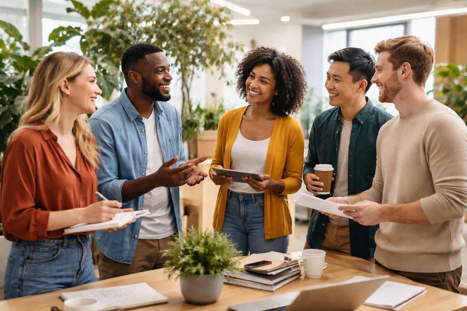 collegues-discussion-bureau-moderne-plantes