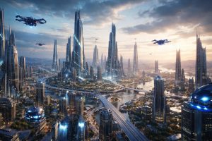 ville-futuriste-gratte-ciels-drones-vehicules